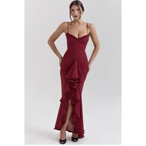 HOUSE OF CB 'Gabbi' Wine Ruffled Front Gown /Size Small NWOT